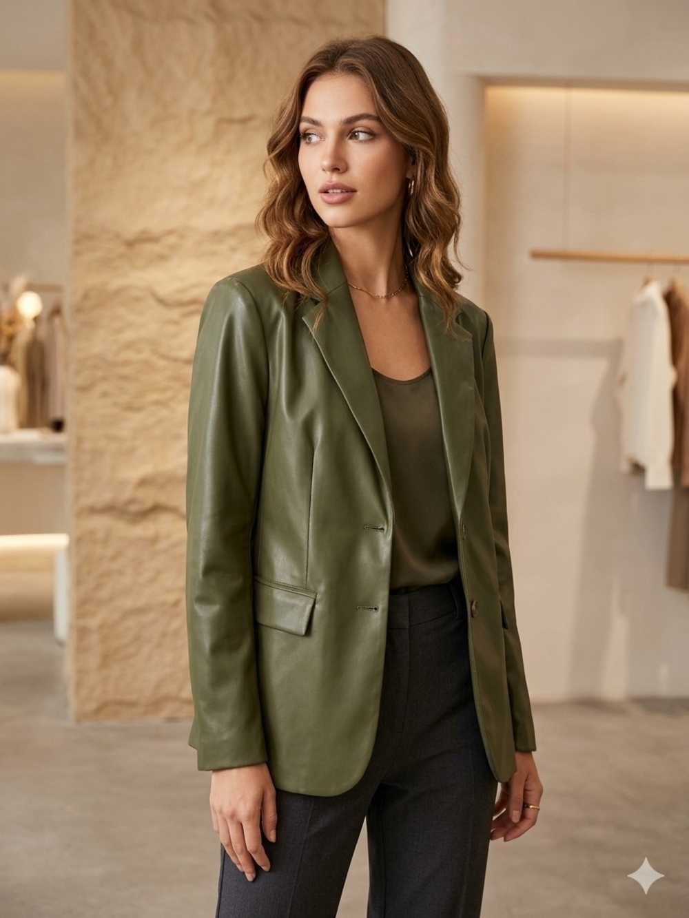 SZ MEDIUM- Olive Green Leather Blazer Jacket - Women's Tailored Coat